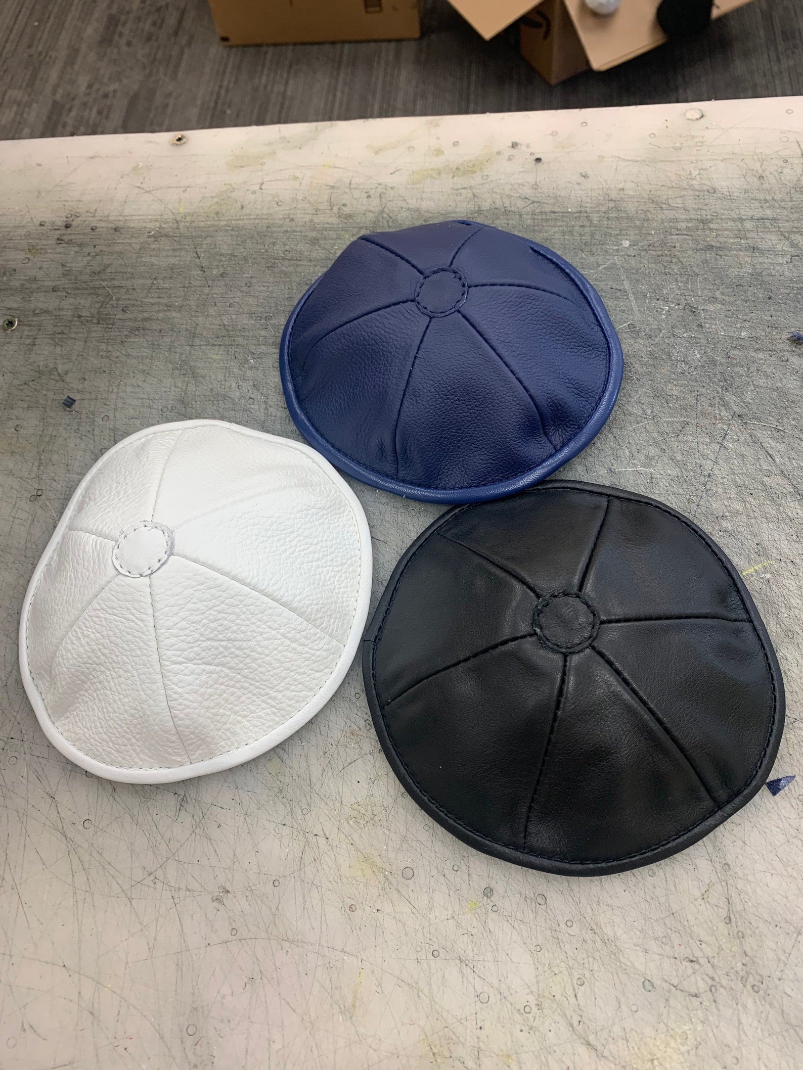 Leather Yarmulke in royal blue, black, and white