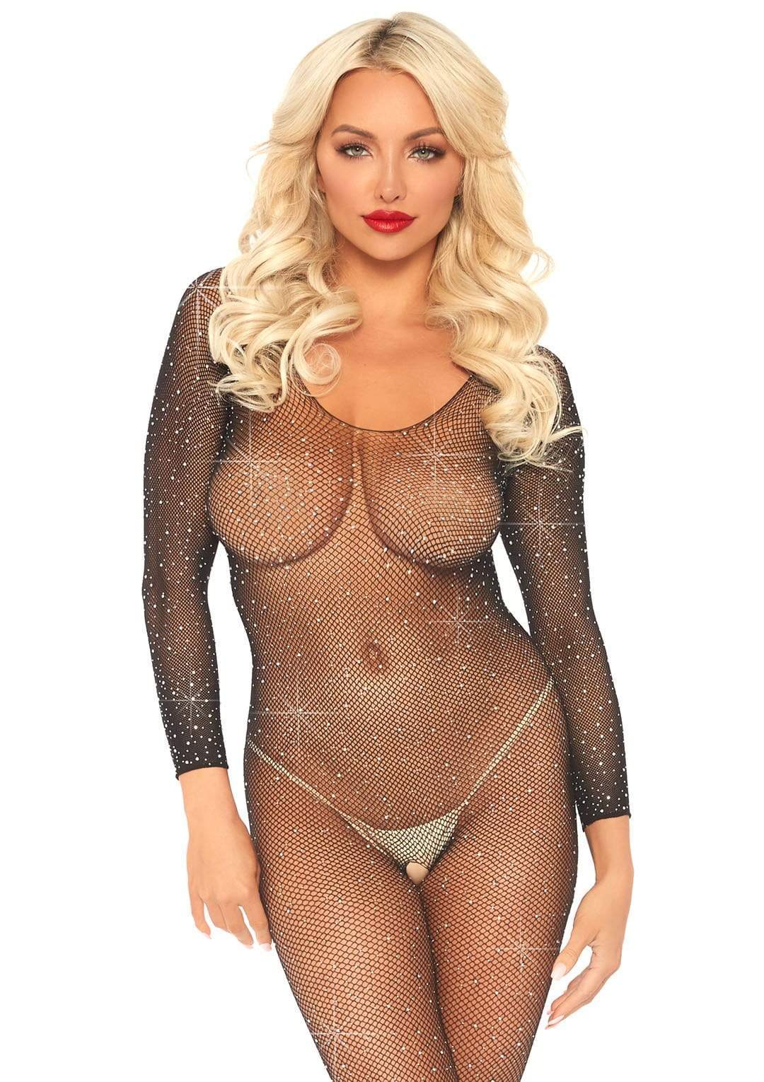 Model wearing the Crystalized Seamless Fishnet Bodystocking.