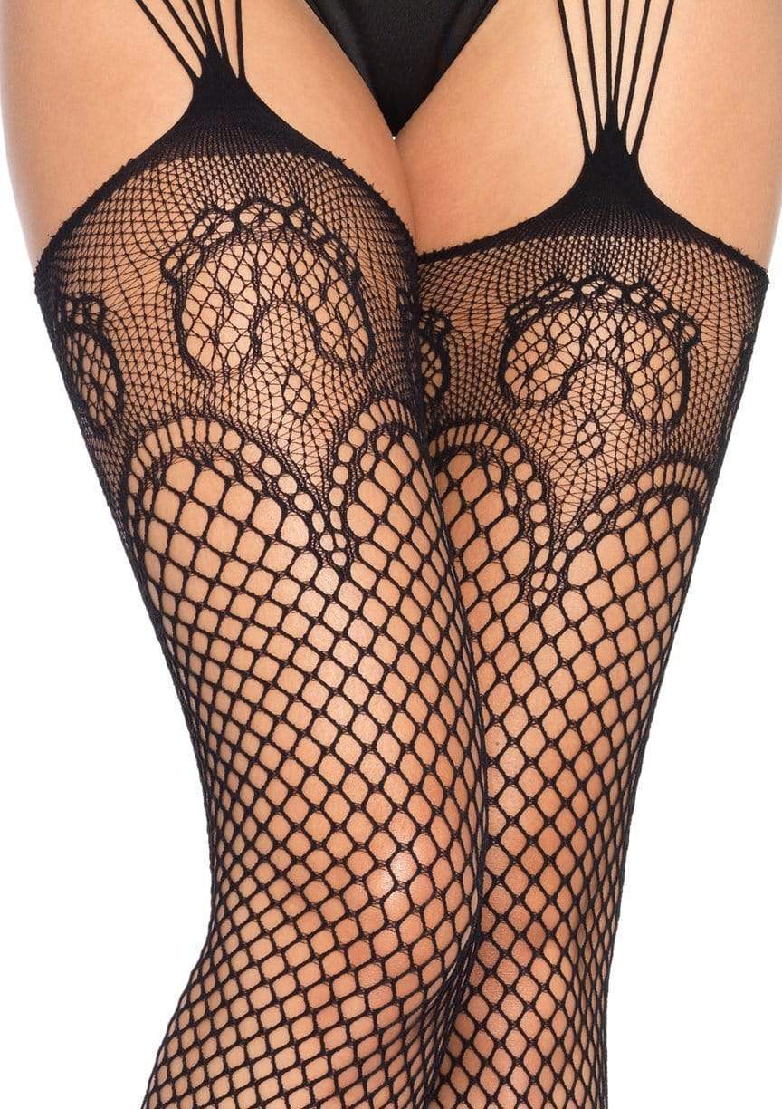 A close-up of the pattern on the legs of theDuchess Garter Fishnet Stockings