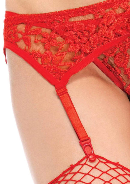 A close up of the lace on the red Lace Lolita Garterbelt With Thong.