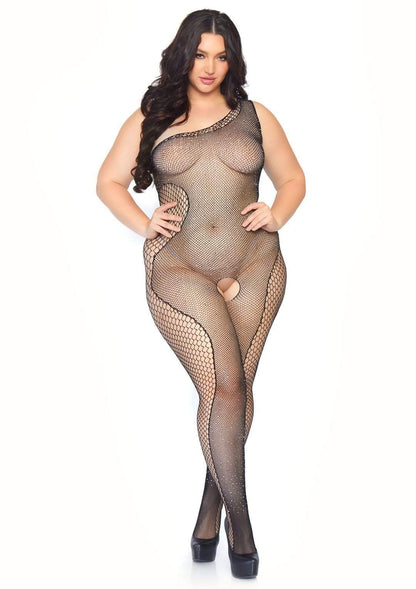 A model wearing the plus size Crystalized Fishnet Asymmetrical Bodystocking, front view.