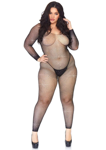 Plus size model wearing the Crystalized Seamless Fishnet Bodystocking.
