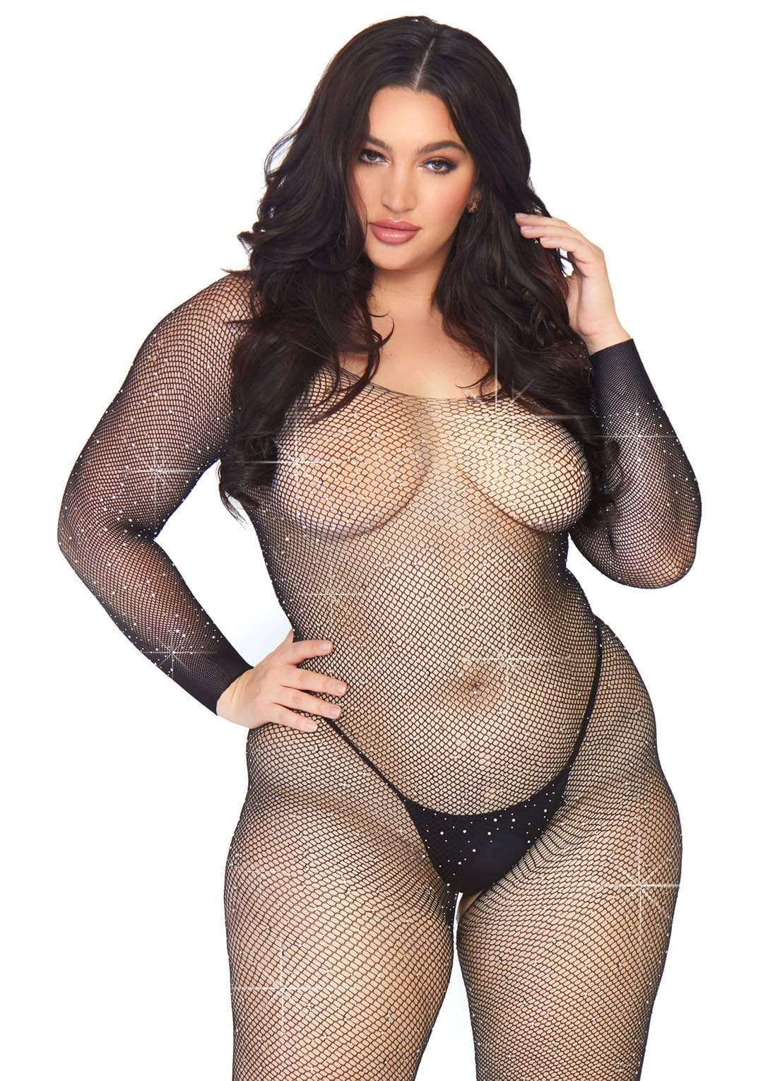 A closer view of the plus size model wearing the Crystalized Seamless Fishnet Bodystocking.