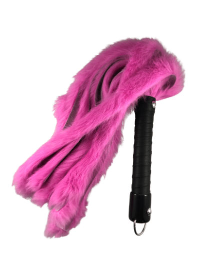 Light Pink 20" Rabbit Fur Flogger with black leather handle and D-ring for hanging.