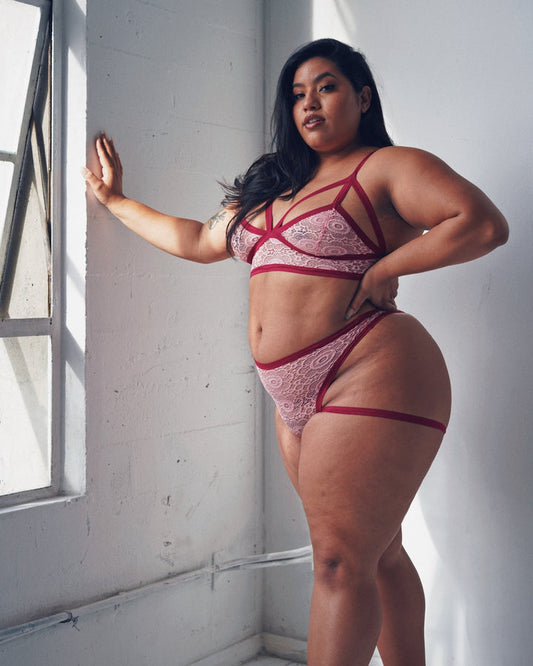 A model wearing the plus size raspberry fields Lace Livi Thong.