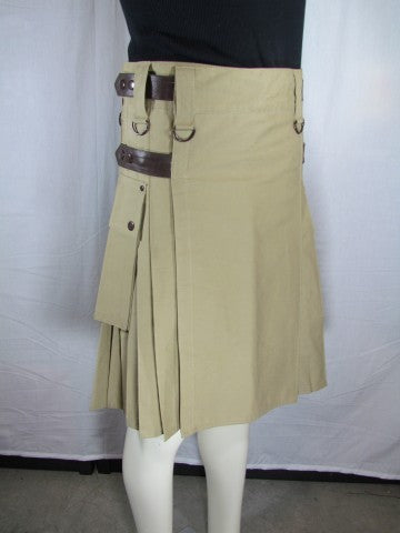 The front and side of the khaki cargo kilt.