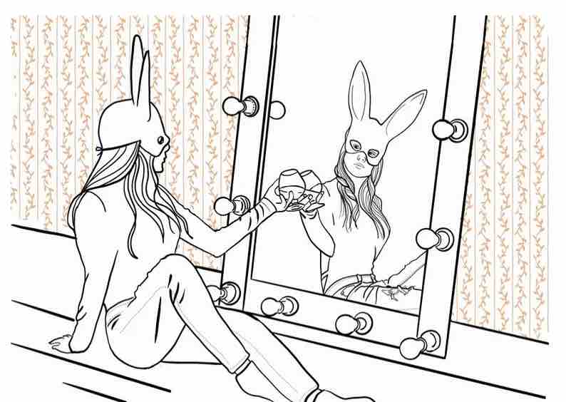 A page in Humanimals: A Romp Through Pet Play Coloring Book: A woman in a bunny mask, sitting and holding a drink and toasting herself in a lighted mirror.