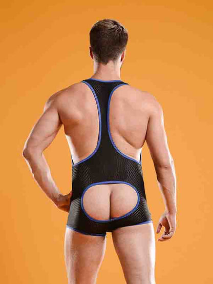 The back of the blue and black Sport Mesh Singlet.