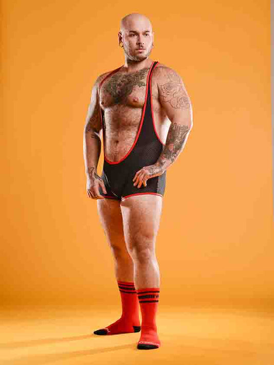 The front of the red and black Sport Mesh Singlet.