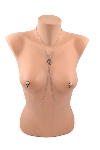 The Unchained Heart Collar with Nipple Chain on a mannequin.