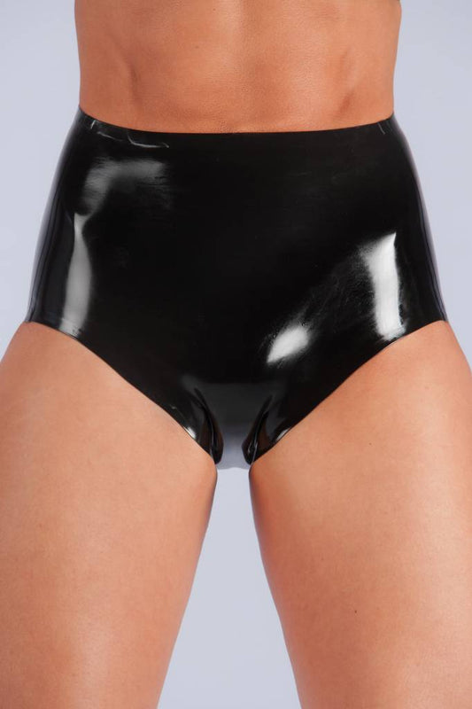 Latex Play Panty Brief on a model.