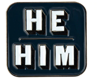 HE/HIM blue backgroun with white lettering enamel pronoun pin