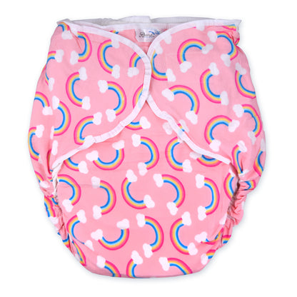 The pink rainbow Bulky Fitted Nighttime Cloth Diaper.
