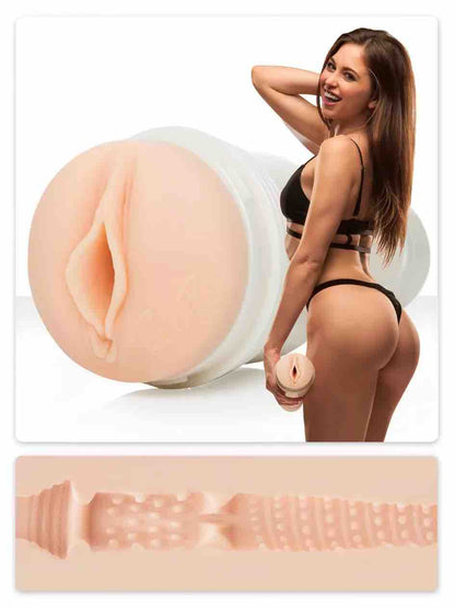 A composite of three photos; Riley Reid holding the Utopia Fleshlight Girls, a closeup of the opening and a cross section of the inside of the toy.