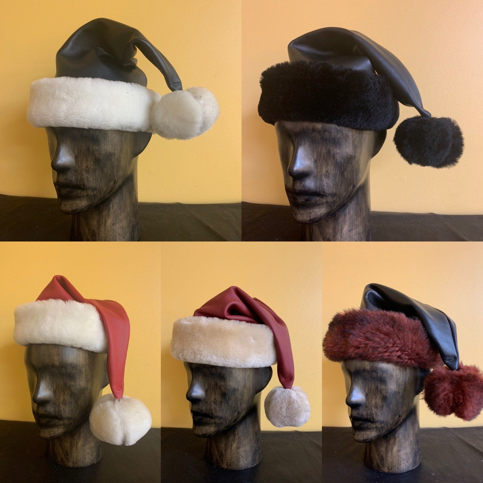 A composition showing the different color combinations of Leather Santa Elf Hats.