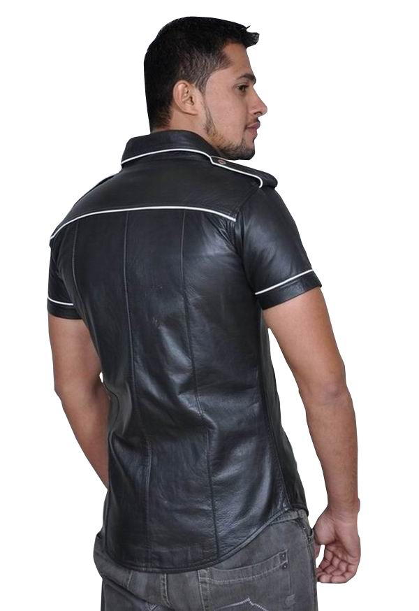 A masculine looking model shows the back of the Leather Uniform Shirt.