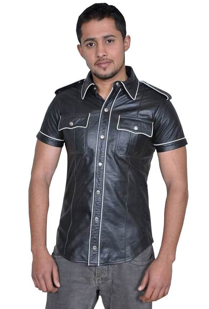 A masculine looking model wears the Leather Uniform Shirt.