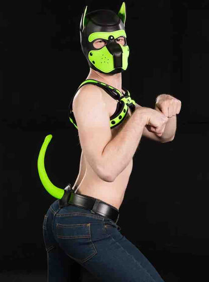 A model wearing blue jeans and the lime colored Classic Show Tail attached to a black belt with matching puppy mask and chest harness.