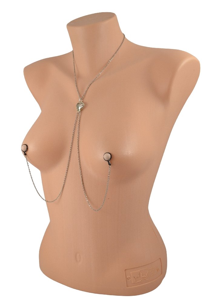 The Filigree Heart Stainless Steel Nipple Chain Necklace on a mannequin. 