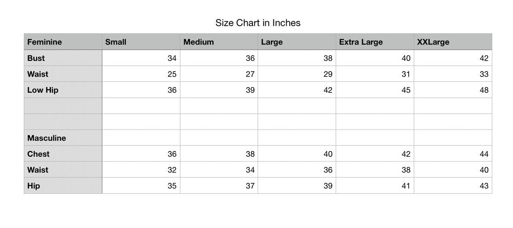 A size chart in inches for the Classic Latex Panel Panty.
