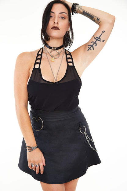 Front view of the Vegan Leather Skirt with O-Ring and Chain Details.