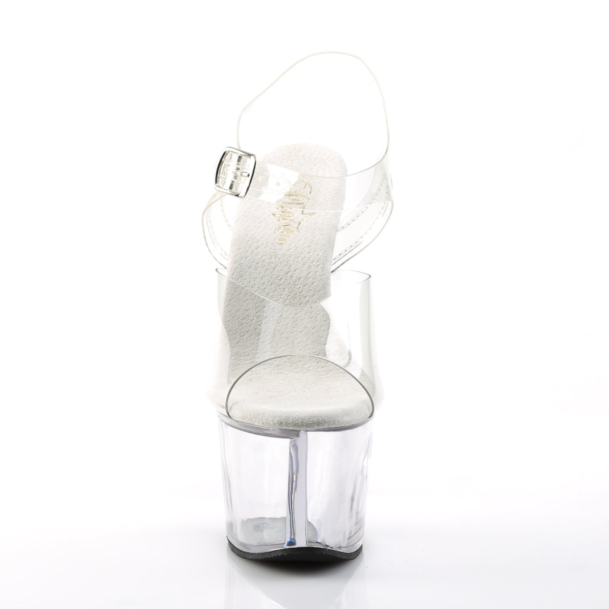7" Sky Clear Ankle Strap Heel, front view.