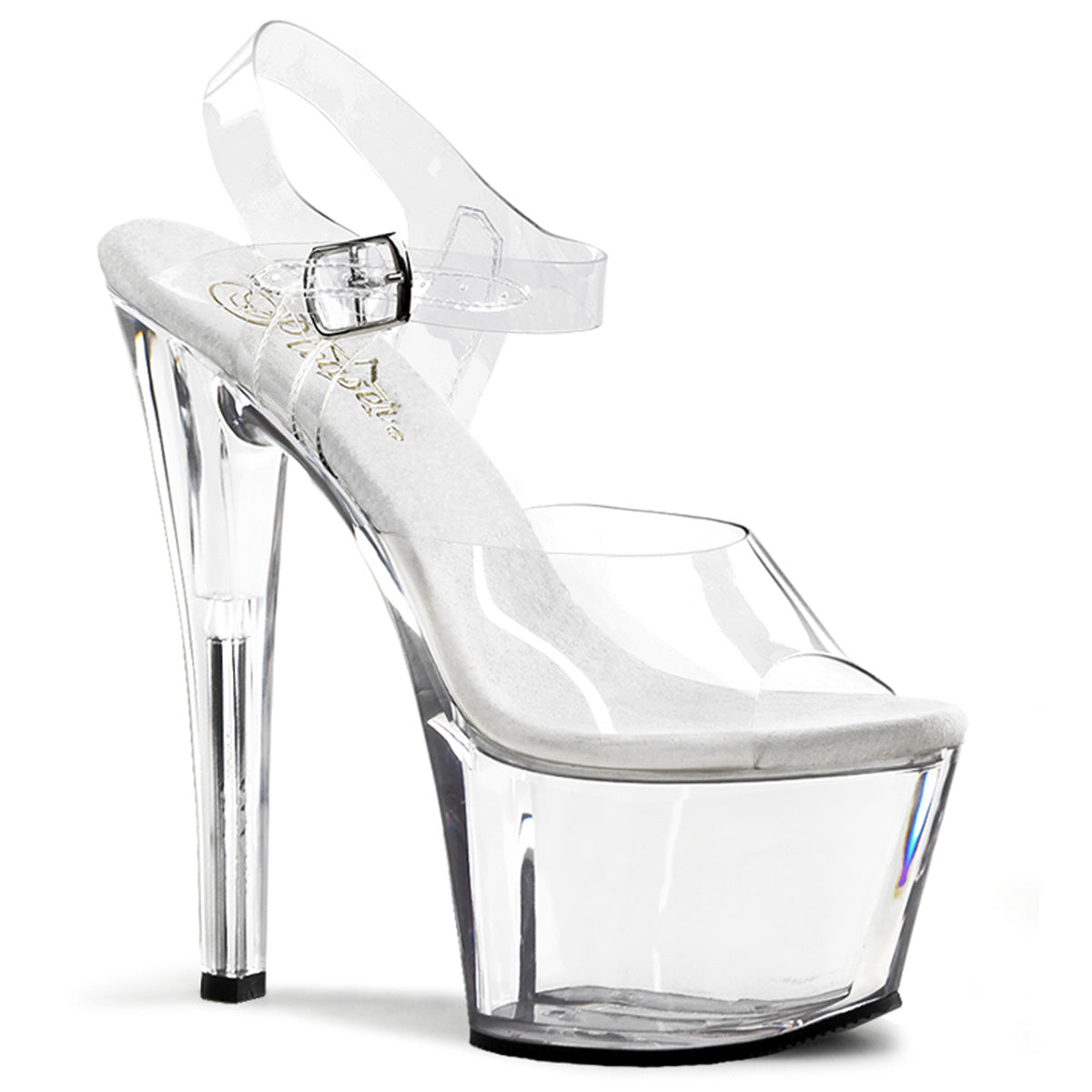 7" Sky Clear Ankle Strap Heel, right side view.
