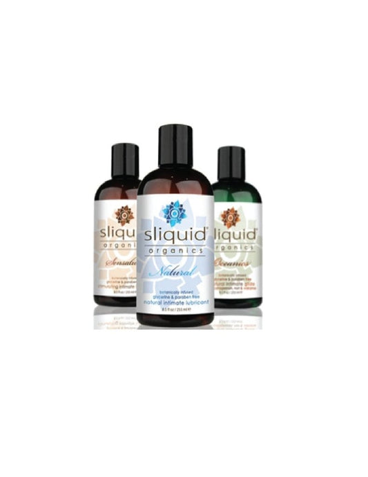 Three bottles of Sliquid Organics Lubricant.