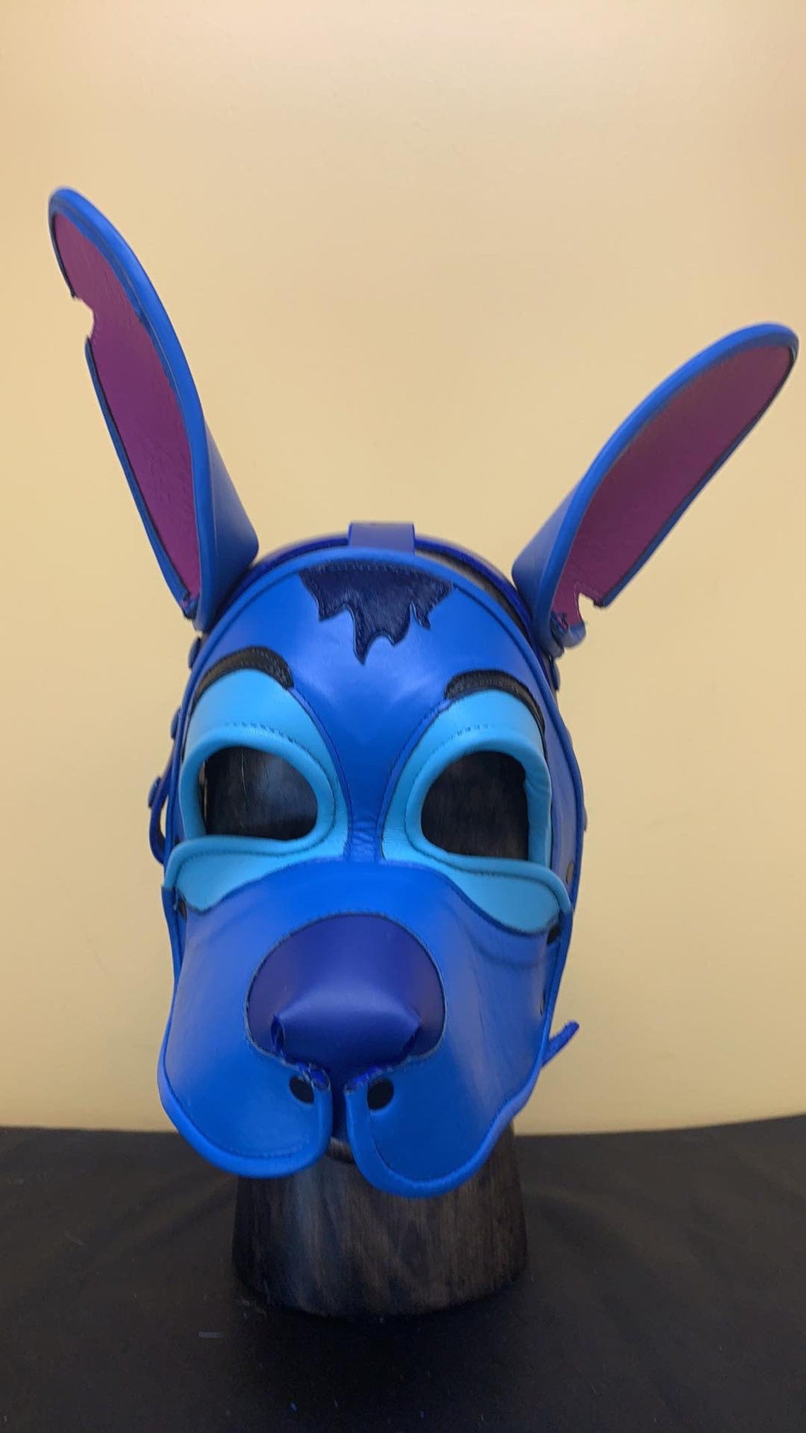 Stitch Leather Pup Mask, front view.