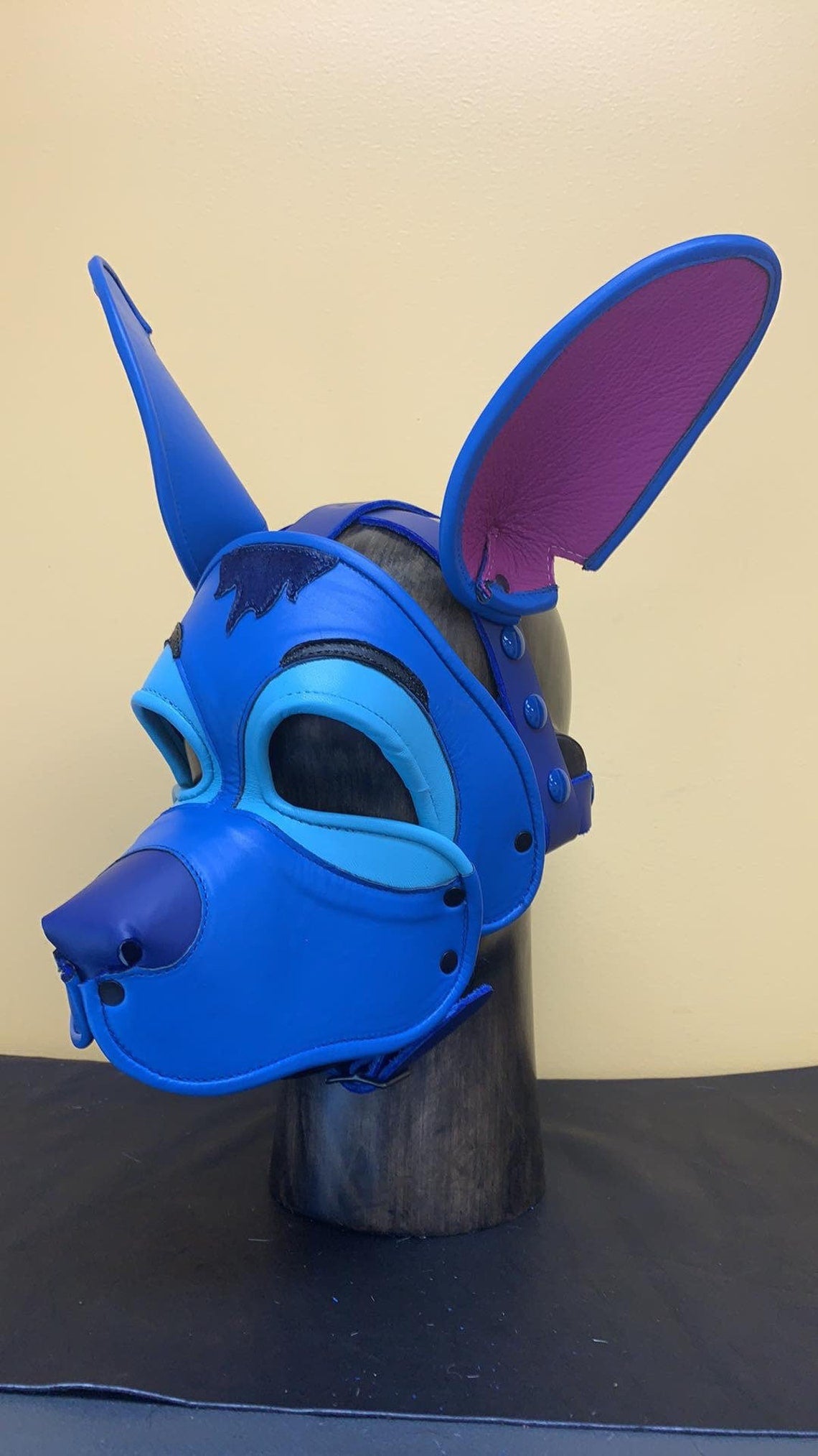 Stitch Leather Pup Mask, front left view.