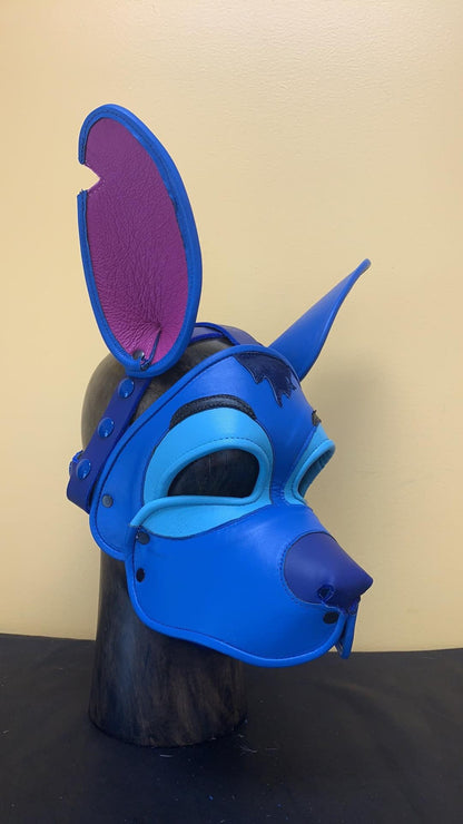 Stitch Leather Pup Mask, front right view.