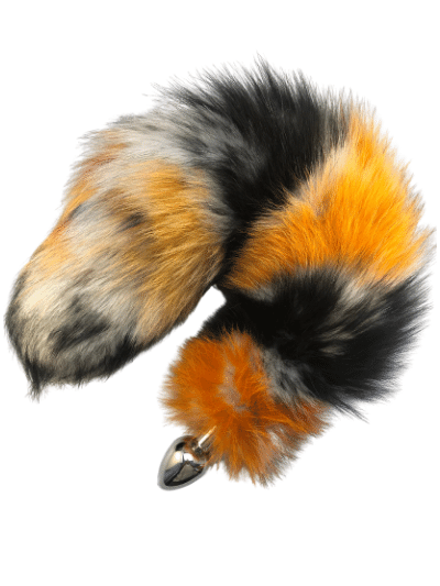 White fox dyed orange and black real fur interchangeable screw-on tail for anal plugs