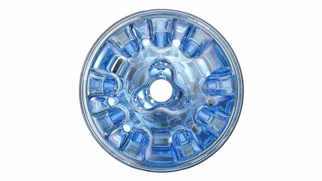 A close up of one of the ends of the Turbo Blue Ice Fleshlight Quickshot.
