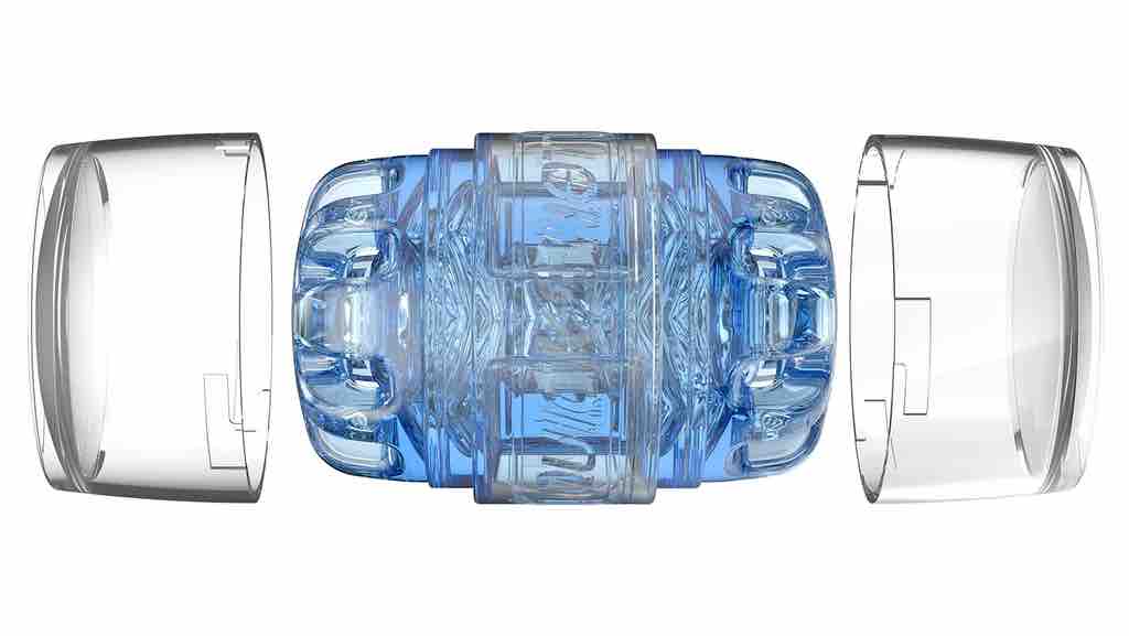 A side view of the Turbo Blue Ice Fleshlight Quickshot with both end caps off.