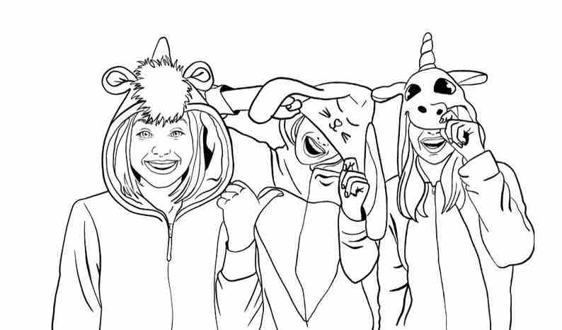 A page in Humanimals: A Romp Through Pet Play Coloring Book. The picture is of 4 people in animal onesies.