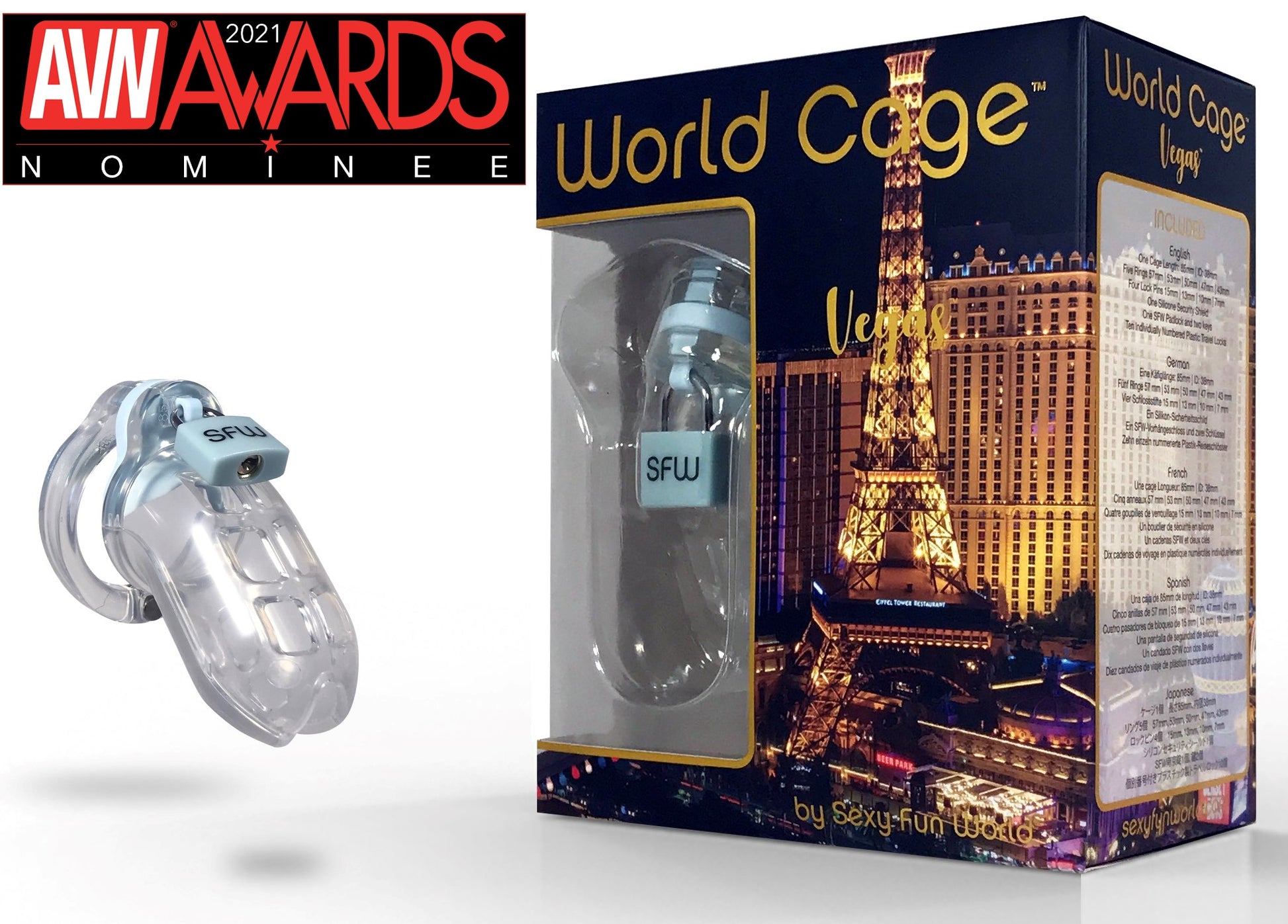 The Vegas World Cage Chastity Device next to its packaging.