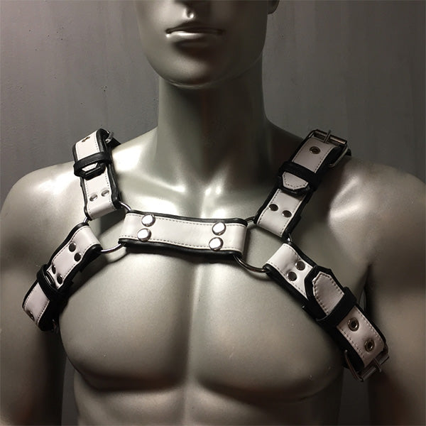 White leather overlay 6 strap bulldog harness with removable snap center on mannequin.