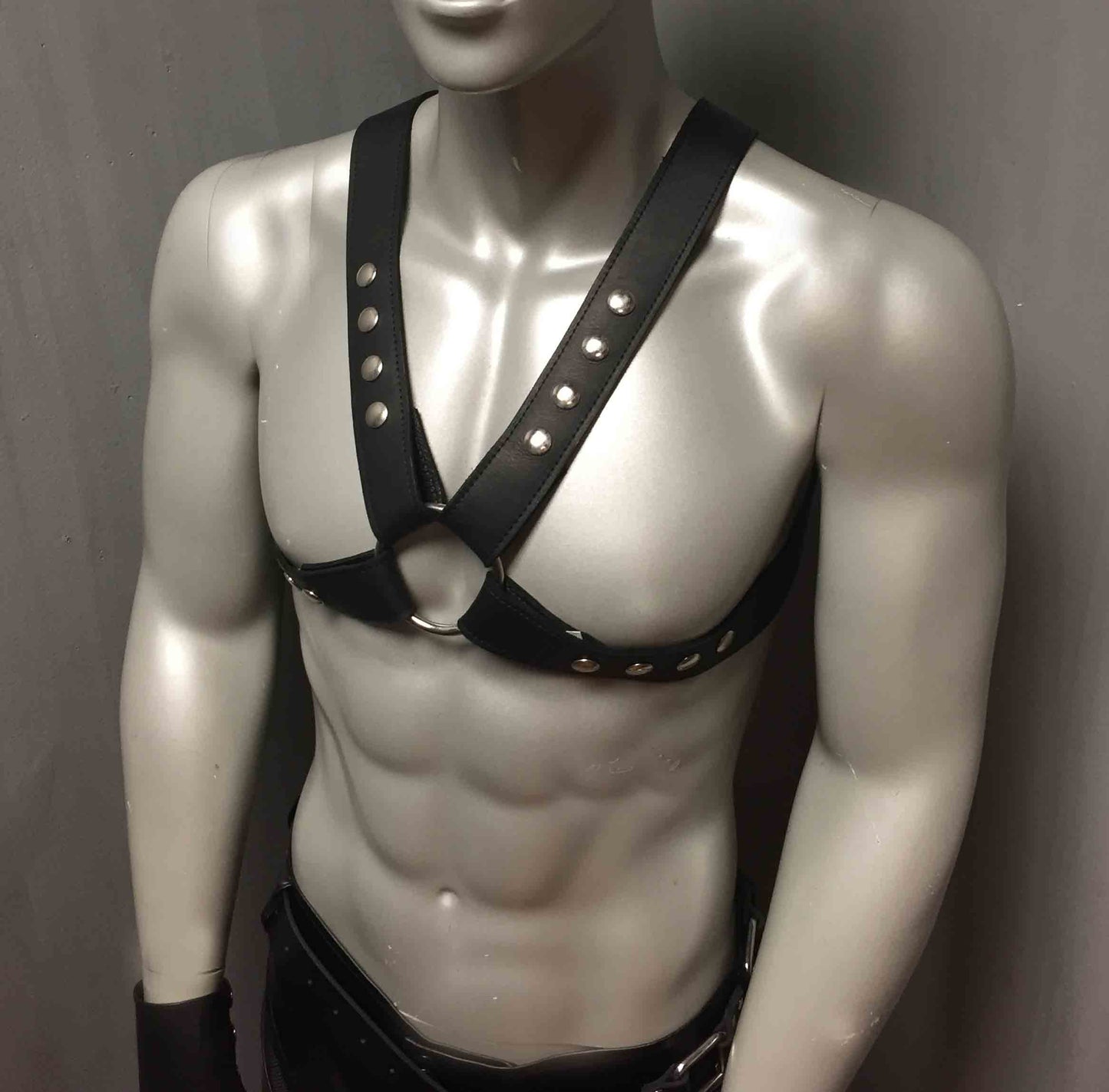 Classic 1.5" Leather X-Harness on mannequin, front view.
