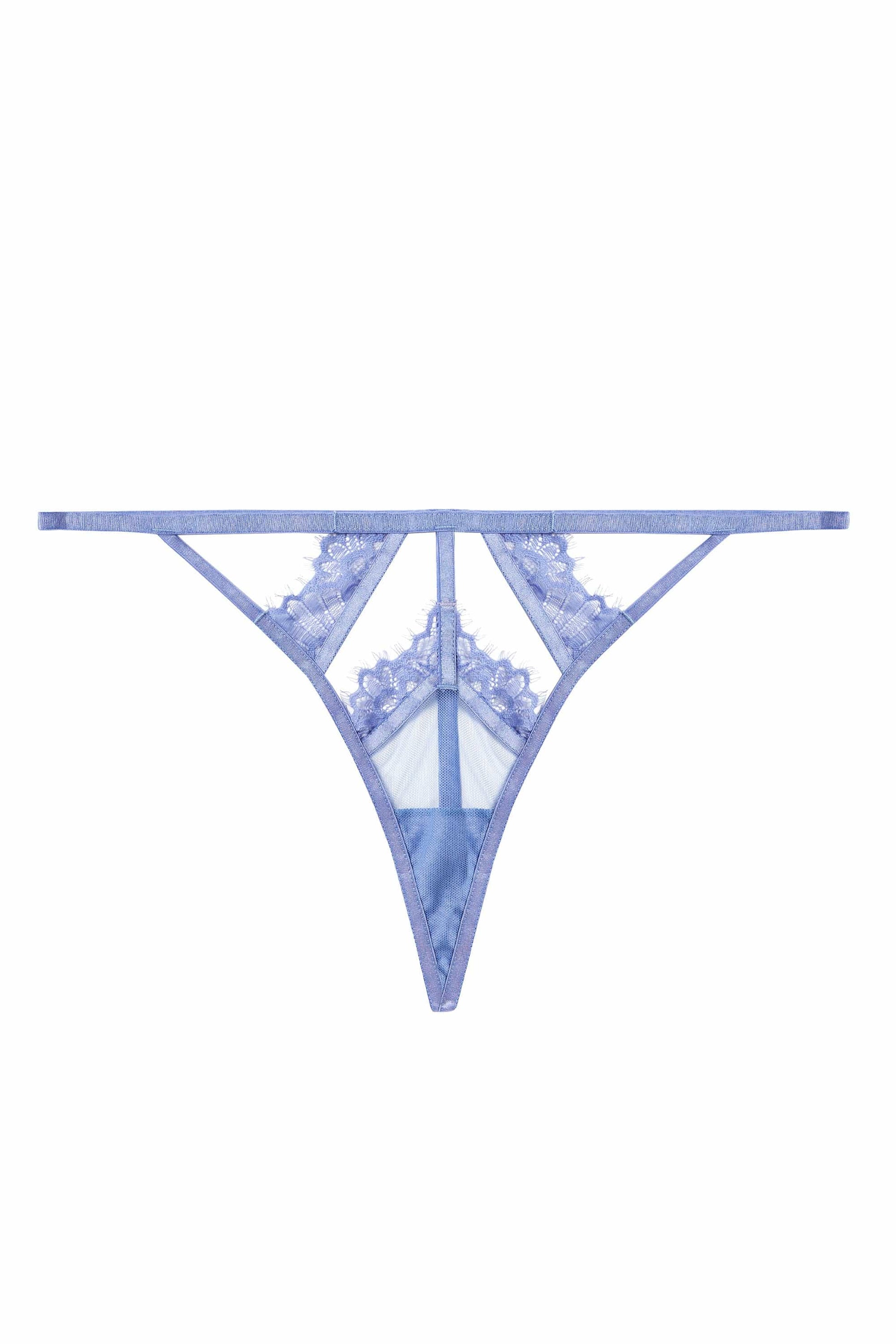 The front of the Claire Caged Lace Thong lying flat on a surface.