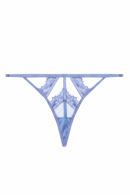 The front of the Claire Caged Lace Thong lying flat on a surface.