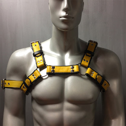 Yellow leather overlay 6 strap bulldog harness with removable  snap center on a mannequin.
